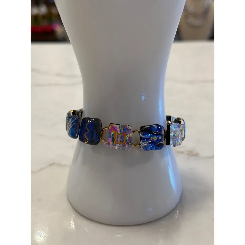 Dichroic Art Glass Link Bracelet Blue Multi Gold-Tone One Size